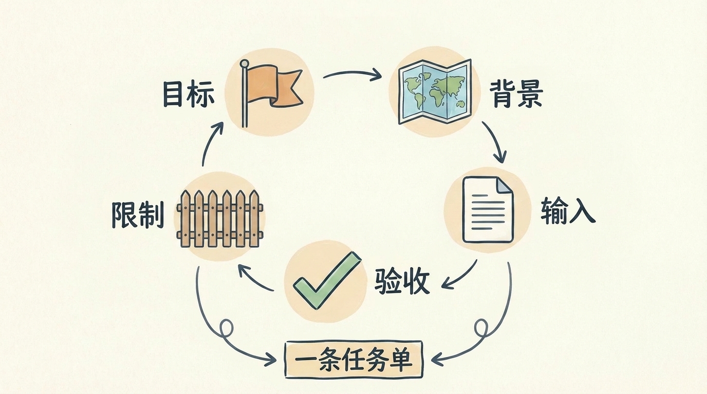 提示词五件套手绘图：目标、背景、输入、限制、验收五个模块组成一张能执行的任务单