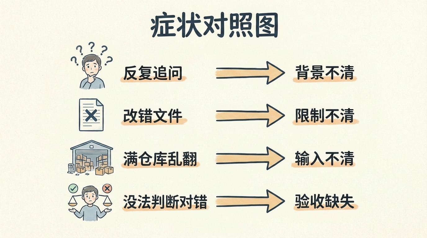 Claude Code 没干好排查手绘对照图：症状对应缺了五件套里的哪一件