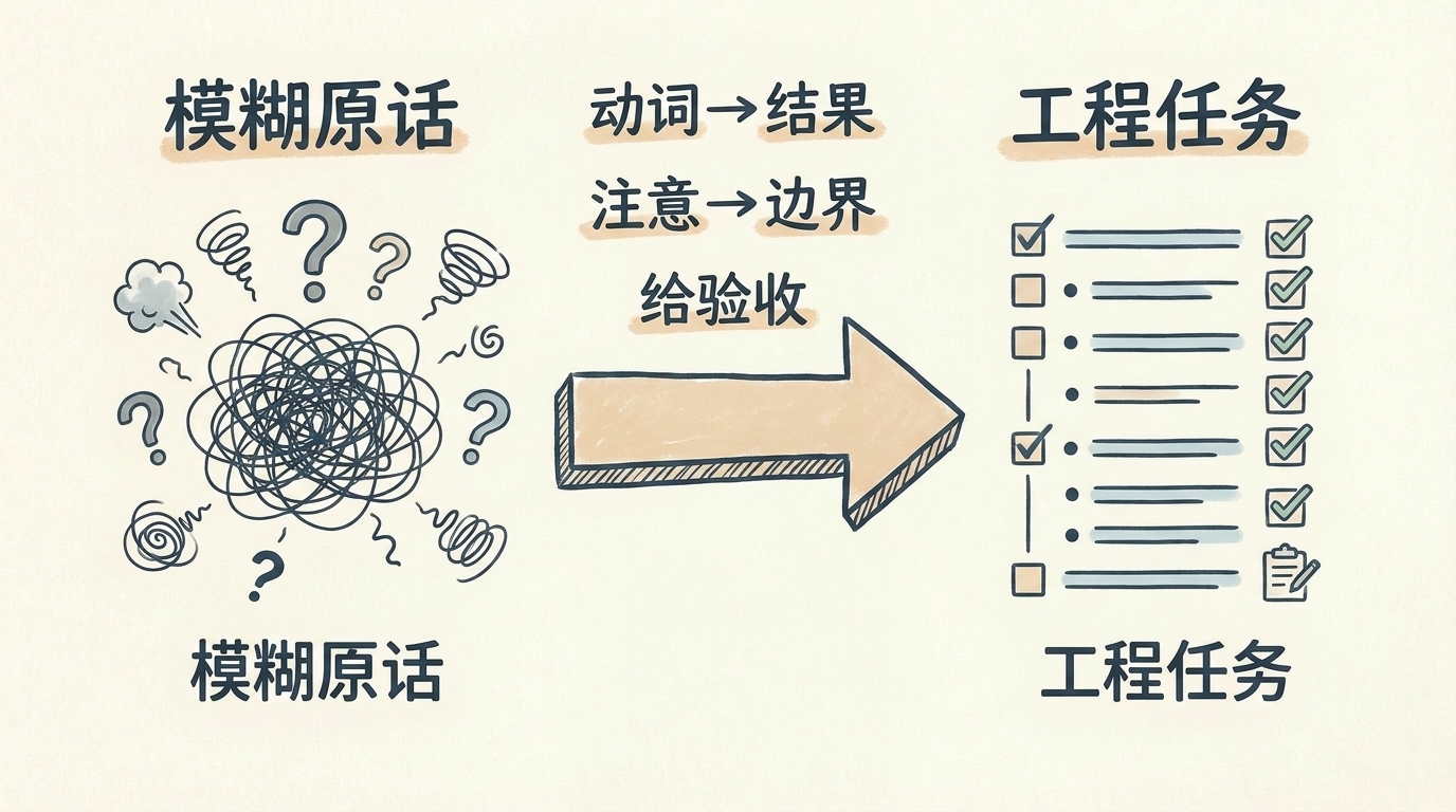 模糊原话到工程任务的手绘对比图：动词换成结果、注意换成边界、补上验收标准