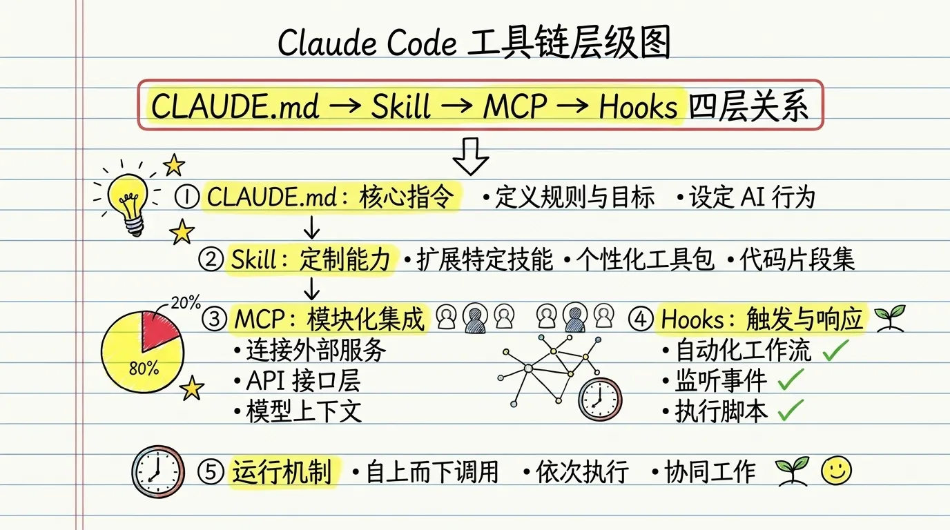 Claude Code 工具链四层结构示意图:CLAUDE.md 项目规则层、Skill 可复用工作流层、MCP 工具与本地脚本层、Hooks 与 Commands 事件层,自上而下逐层递进