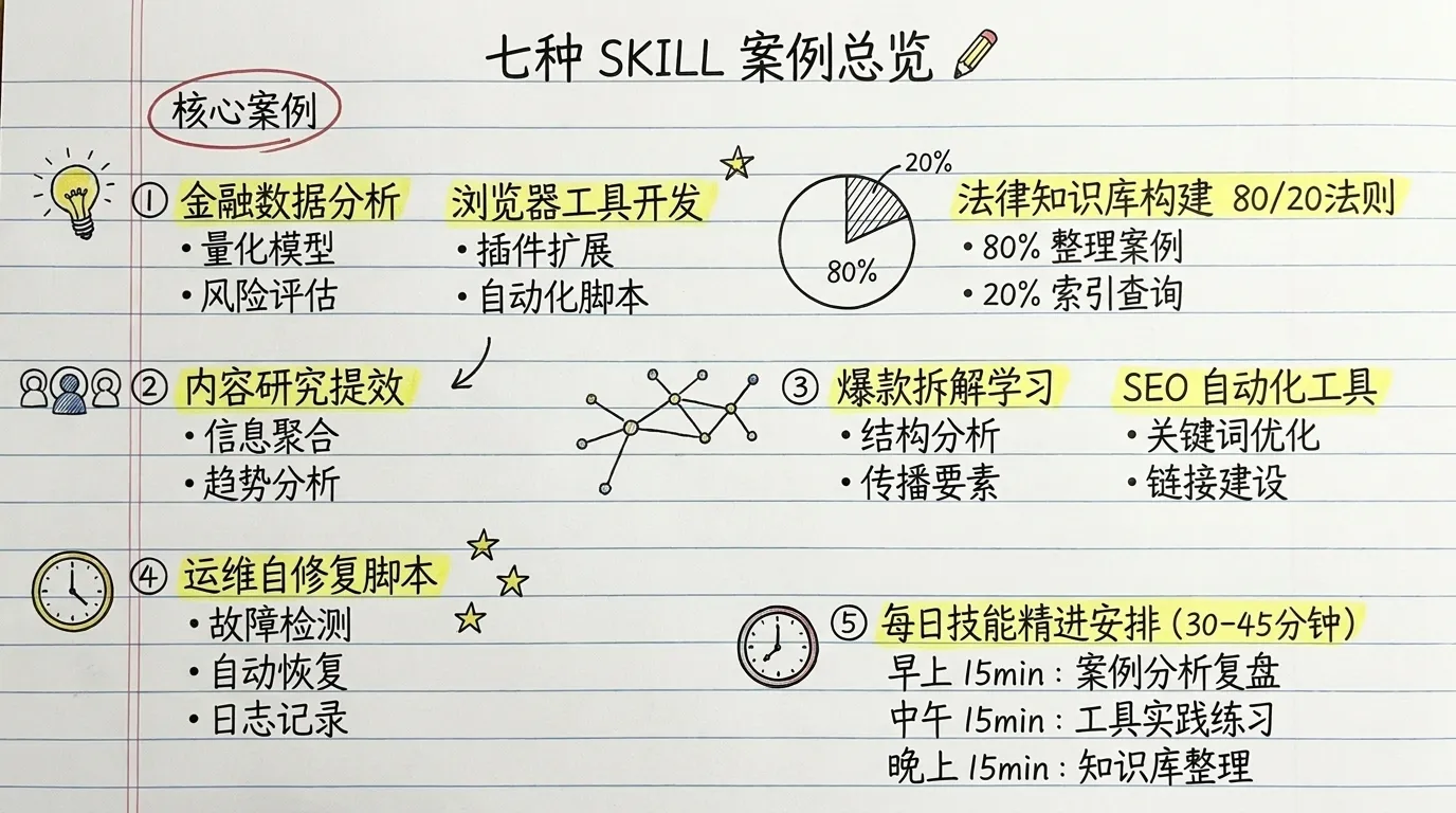 七类 Skill 案例总览:金融数据分析、Chrome 书签整理、法律知识库检索、Reddit 素材研究、爆款内容拆解、SEO 关键词自动化、运维自修复,七个领域图标分区排列