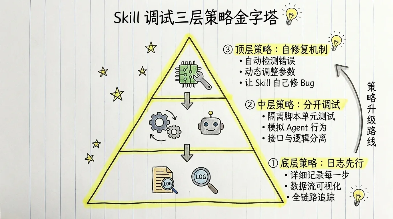 Skill 调试三层策略金字塔:底层是日志先行记录每次运行的完整数据,中层是脚本与 Agent 分开调试各自排查,顶层是自修复机制让 Skill 自动检测并修复运行时错误
