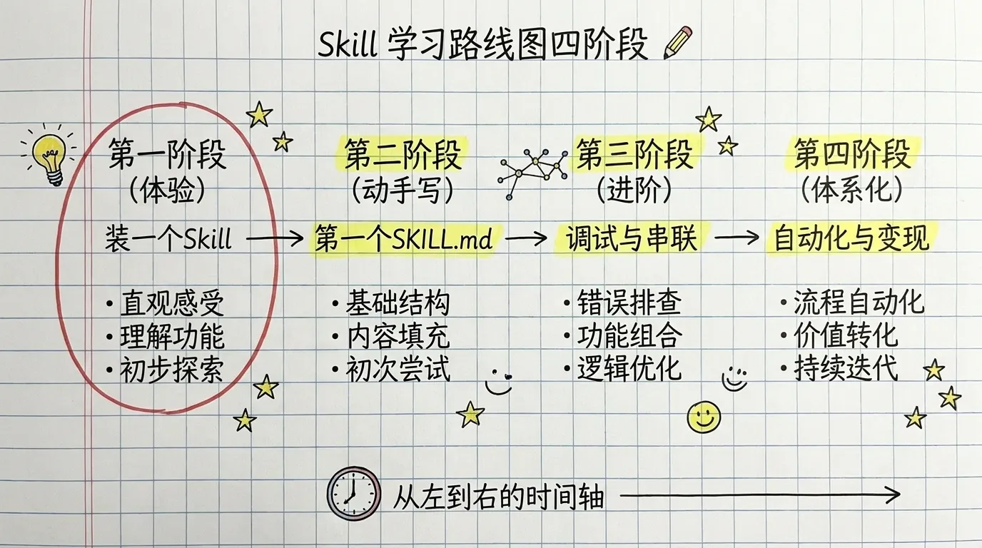 Skill 学习路线图四阶段:从左到右依次为体验阶段(装一个现成 Skill 完整跑一遍)、动手写阶段(编写第一个 SKILL.md)、进阶阶段(调试自修复与多 Skill 串联)、体系化阶段(自动化平台集成与变现)