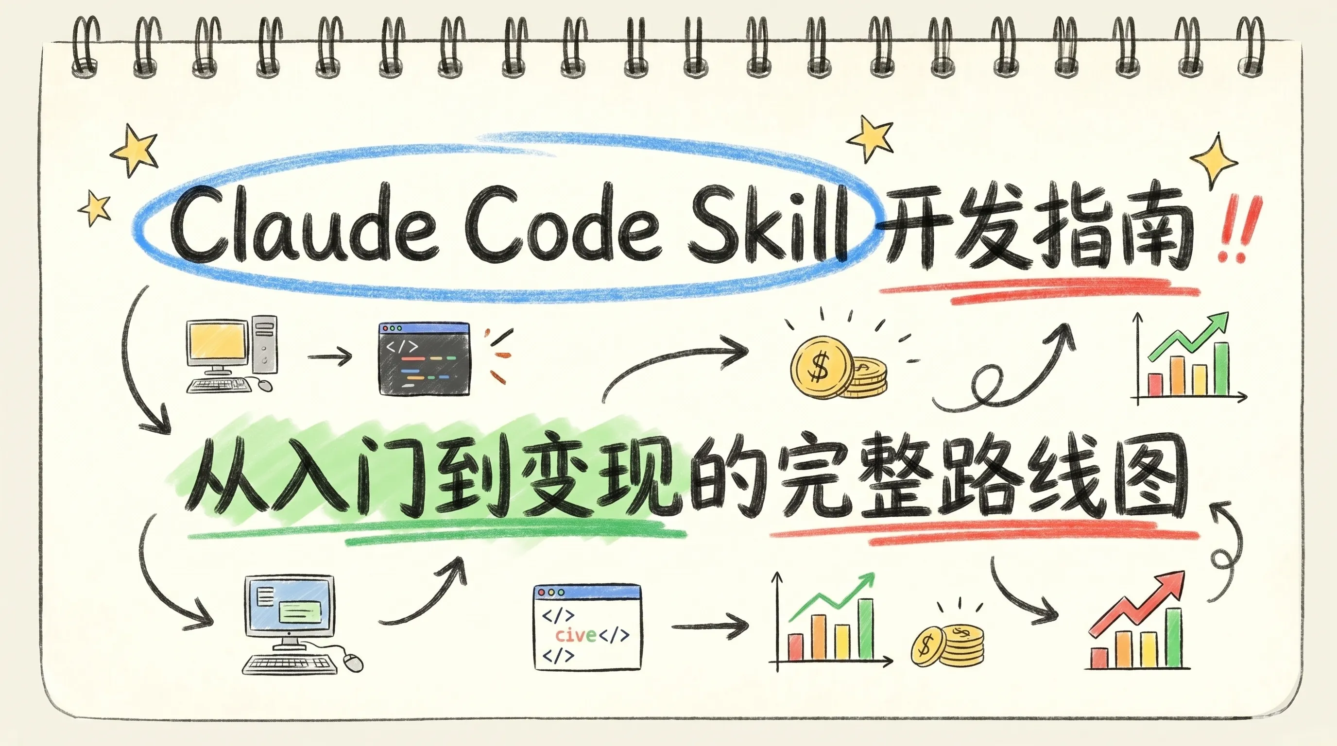 Claude Code Skill 开发指南封面：笔记本计划风格，展示从安装体验、动手编写、调试串联到体系化变现的四阶段完整学习路线图，传达系统化 Skill 开发路径的规划感