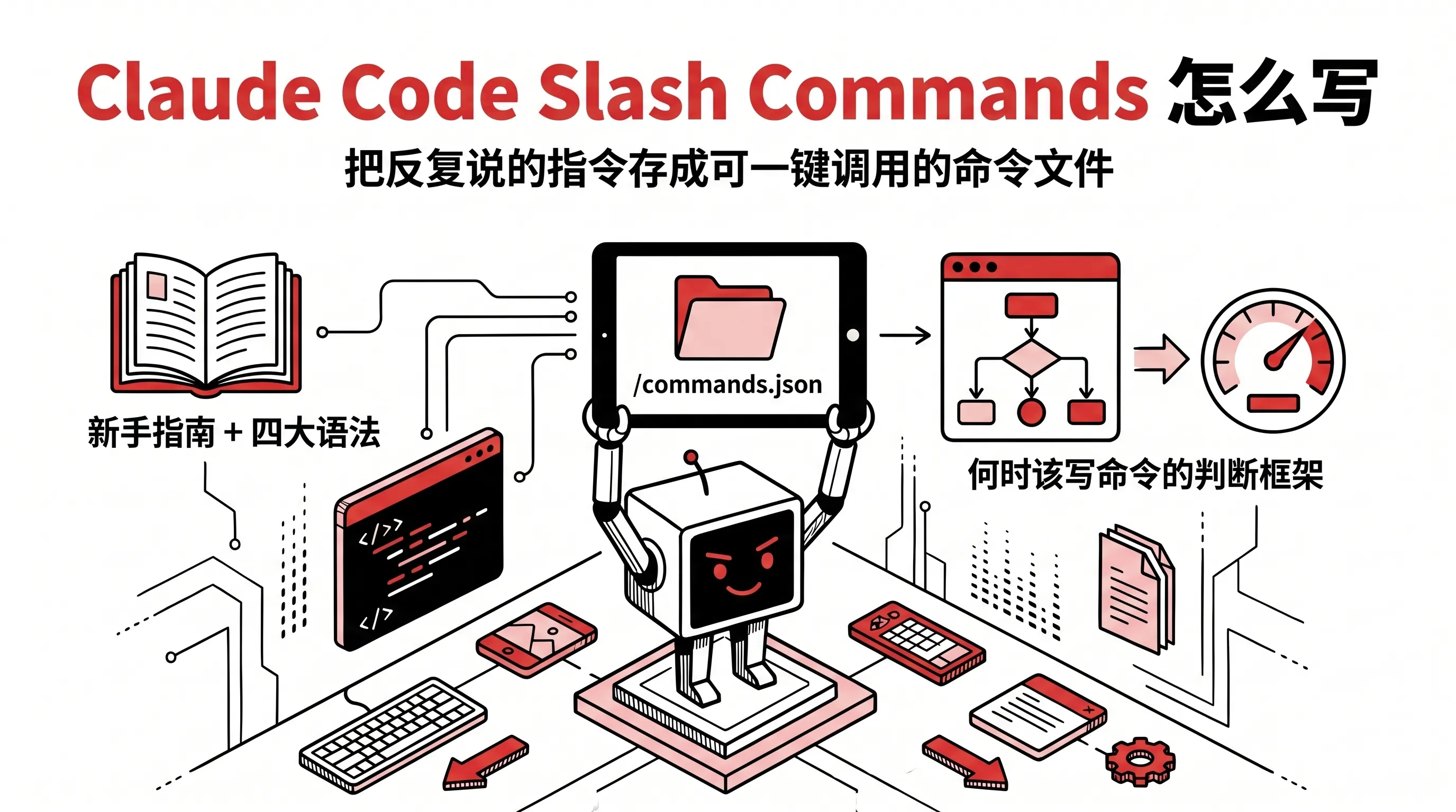 红黑线描风格示意图，机器人手举写着命令文件的屏幕，配书本、代码窗口与流程图，直观呈现 Claude Code Slash Commands 把反复说的指令存成可一键调用命令文件的新手教程主题