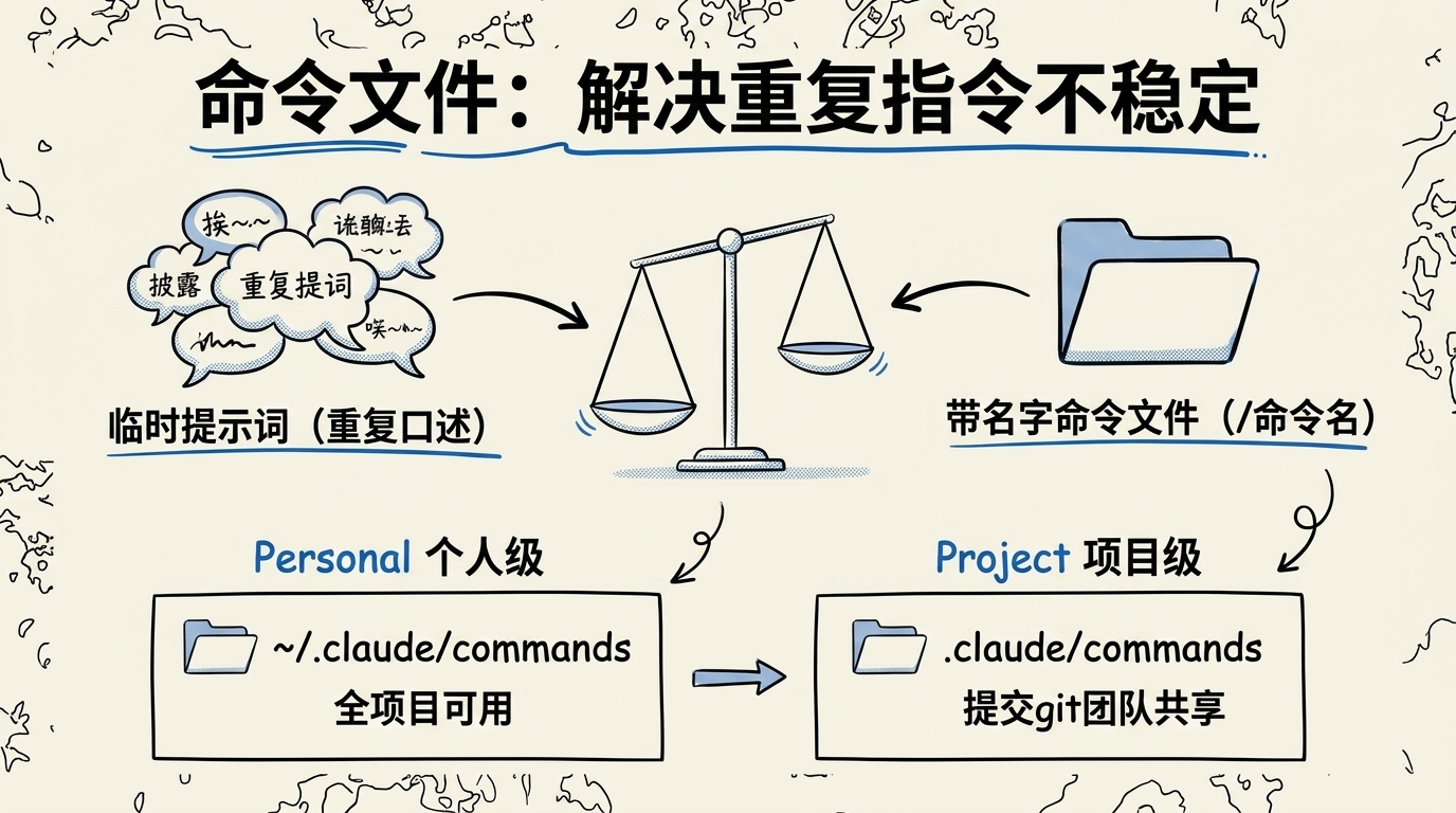 Claude Code Slash Commands 命令文件解决重复指令不稳定的示意图:左边每次重新口述的临时提示词,右边存好的带名字命令文件,并标出 Personal 个人级与 Project 项目级两个存放层级