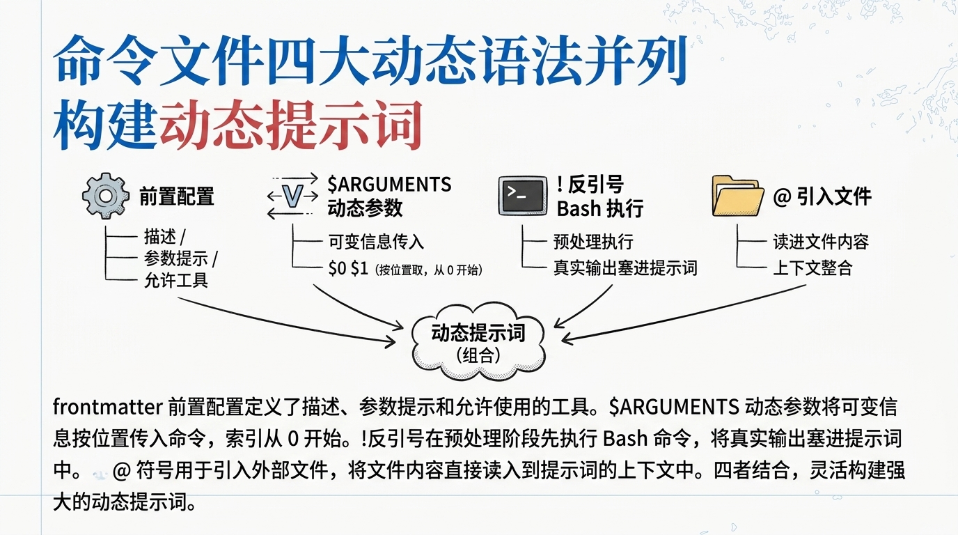 Claude Code Slash Commands 四大语法对照图:frontmatter 前置配置、$ARGUMENTS 传参($0 $1 按位置取,索引从 0 开始)、! 反引号跑 bash 预处理、@ 引文件,四者组合成动态提示词
