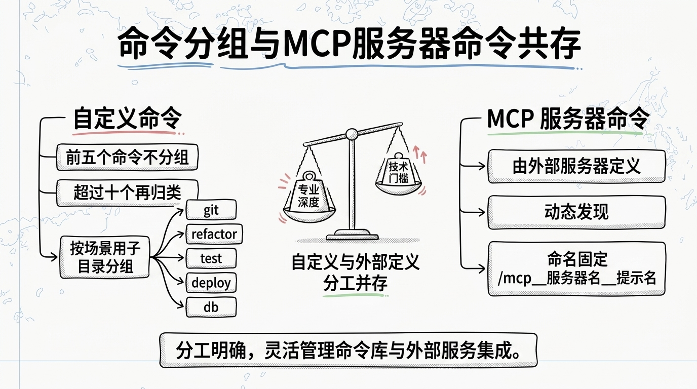 Claude Code Slash Commands 命令分组与 MCP 服务器命令共存示意图:自定义命令前五个不分组、超过十个按 git refactor test deploy db 子目录归类,MCP 服务器命令由外部服务器定义、动态发现、命名固定,两者分工并存