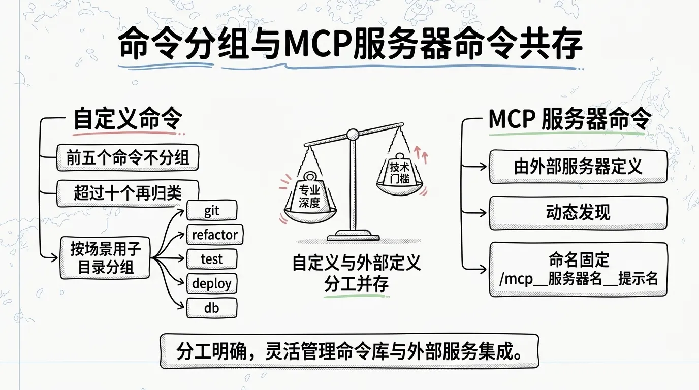 Claude Code Slash Commands 命令分组与 MCP 服务器命令共存示意图：自定义命令前五个不分组、超过十个按 git refactor test deploy db 子目录归类，MCP 服务器命令由外部服务器定义、动态发现、命名固定，两者分工并存