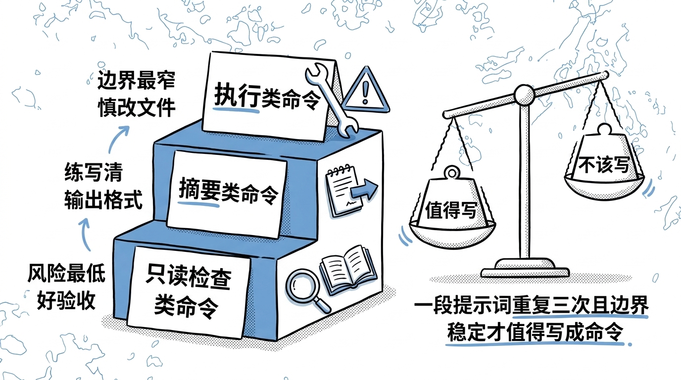 Claude Code Slash Commands 命令库按风险从低到高演化的三级阶梯:一级只读检查类命令、二级摘要类命令、三级执行类命令,配判断天平——一段提示词重复三次且边界稳定才值得写成命令