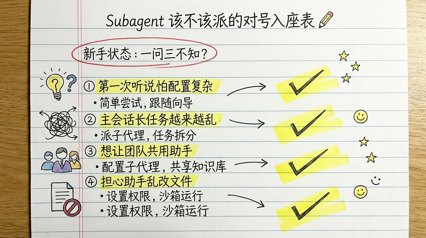 四种新手状态对号入座:第一次听说、长任务越来越乱、想团队共用、担心乱改文件,分别对应该不该派 Claude Code Subagents 的推荐做法