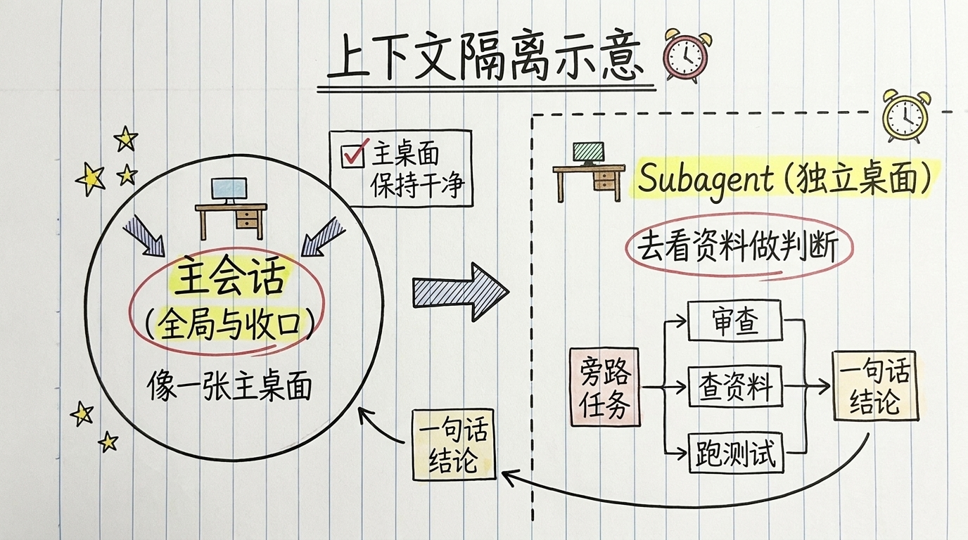 上下文隔离示意:主会话像一张主桌面负责看全局与收口,subagent 在独立桌面处理审查、查资料、跑测试这类旁路任务,只把一句话结论递回主会话