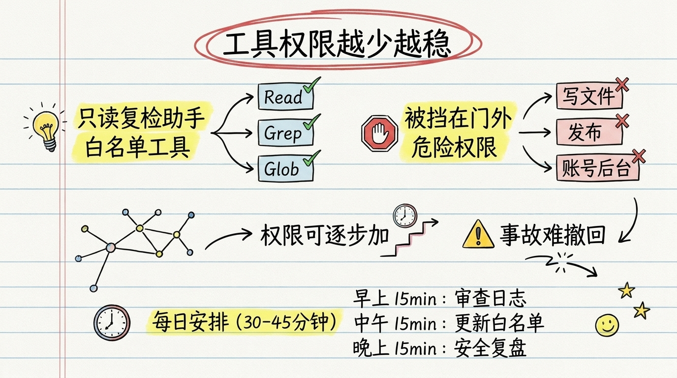 工具权限最小化示意:只读复检助手只给 Read、Grep、Glob 三样白名单工具,写文件、发布、账号后台等危险权限被挡在门外,权限可逐步加而事故难撤回