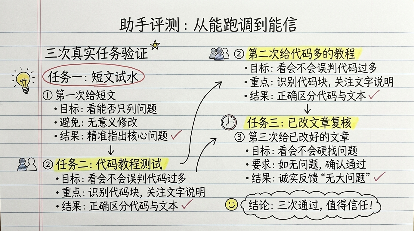 把第一个 article-reviewer 助手从能跑调到能信:用短文、代码多的教程、已改好的文章这 3 次真实任务检验它会不会误判或硬找问题,再决定留不留