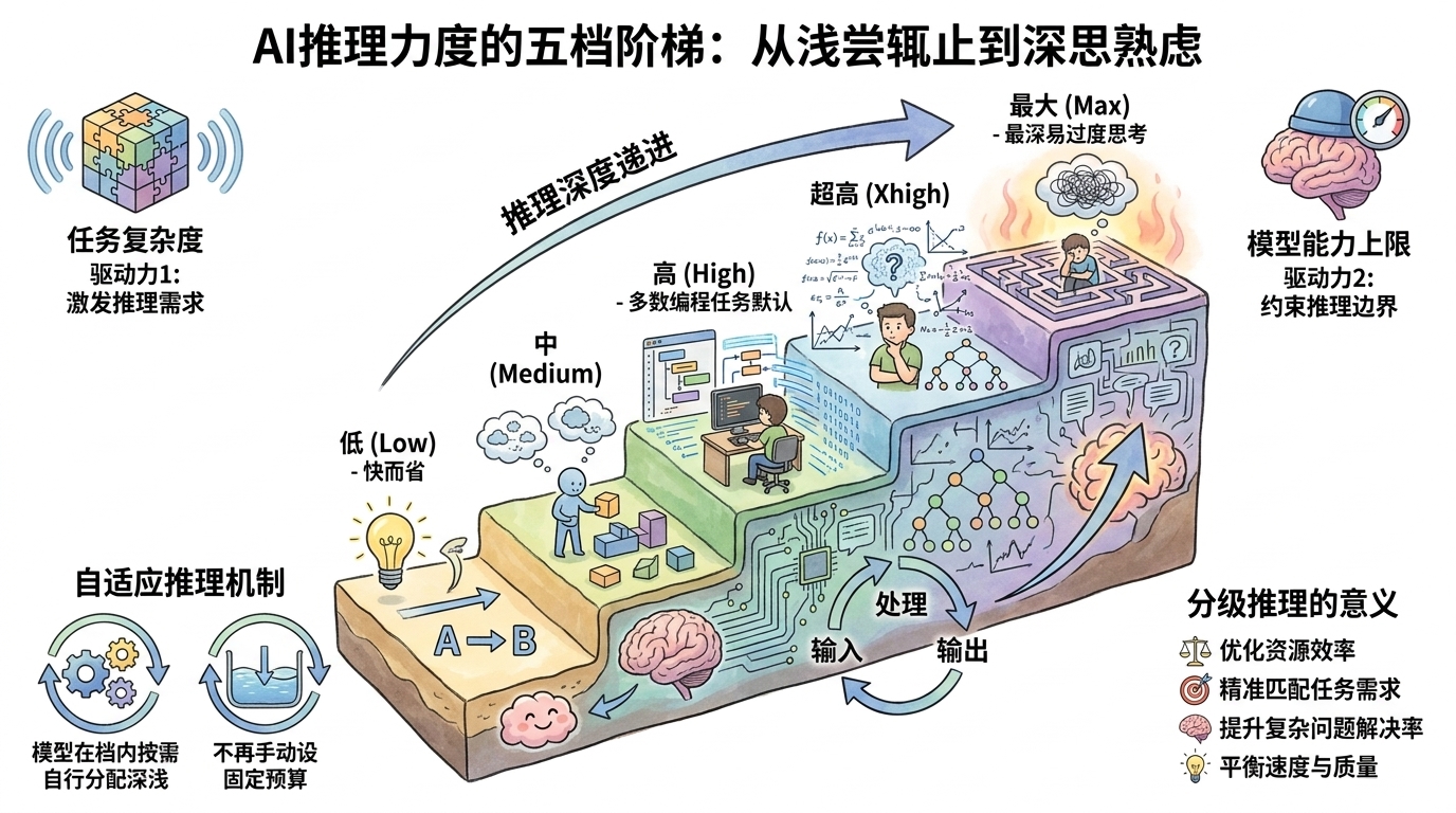 Claude Code thinking modes 的 effort 推理力度五档阶梯图解:low、medium、high、xhigh、max 由浅到深递进,配自适应推理在档内按需分配深浅
