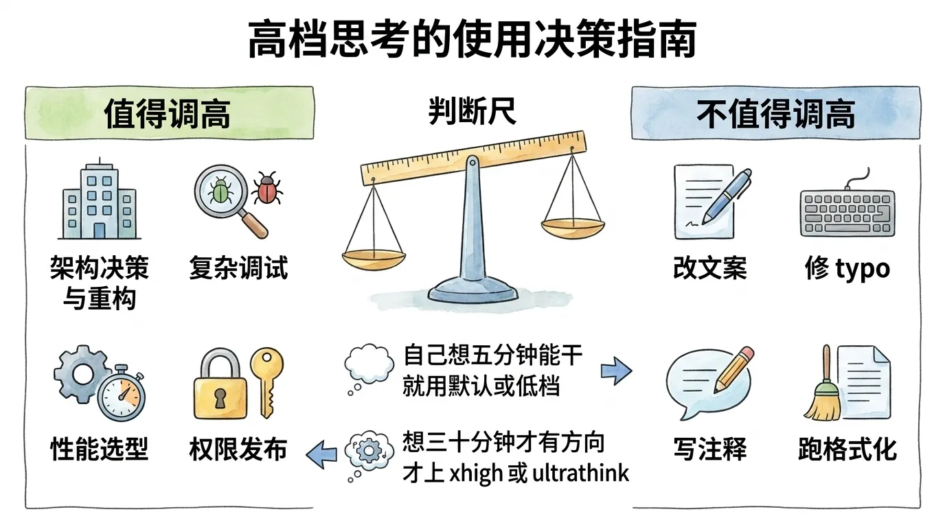 高档思考该不该用的判断对照：值得调高的是架构决策与重构、复杂调试、性能选型、权限发布，不值得调高的是改文案、修 typo、写注释、跑格式化，中间用想五分钟还是三十分钟的判断尺取舍