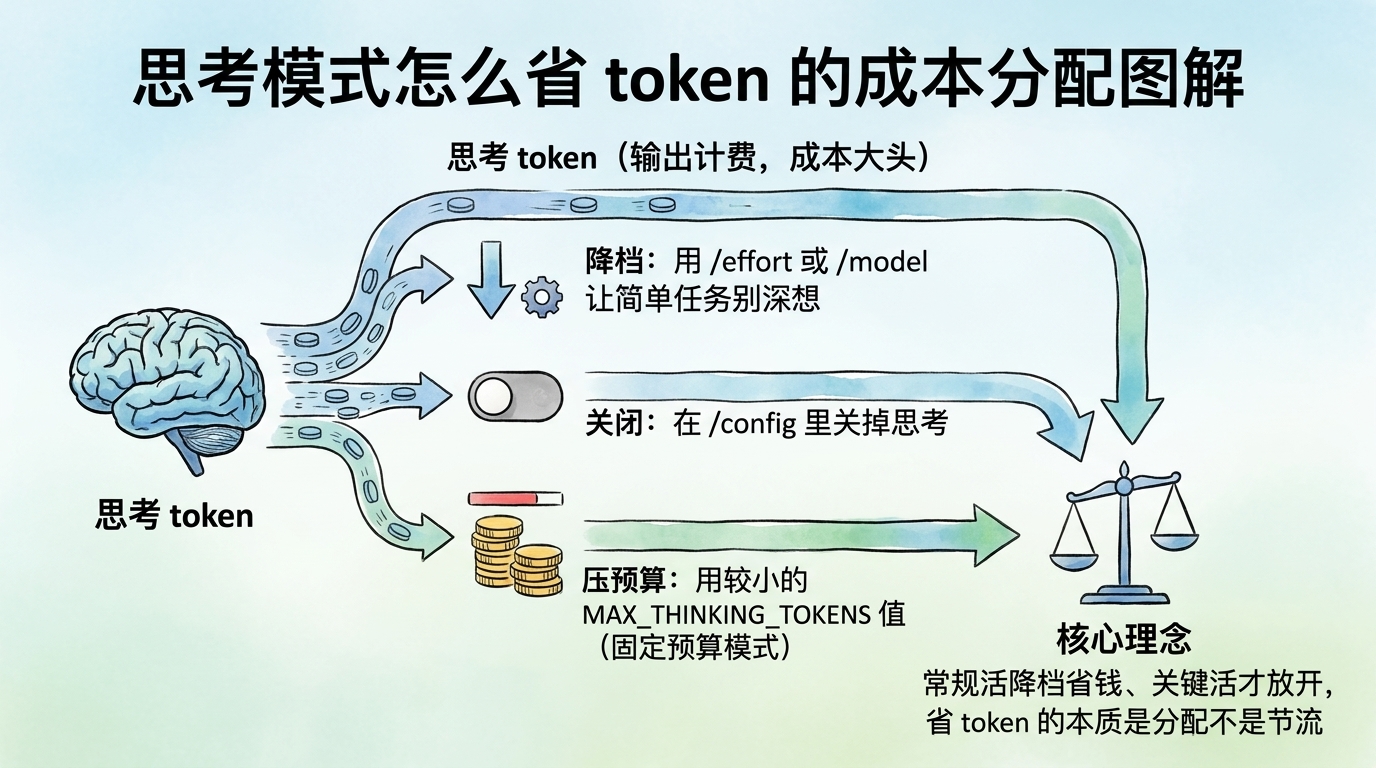 思考模式怎么省 token 的成本分配图解:思考 token 按输出计费是成本大头,三条办法是用 /effort 降档、在 /config 关掉思考、用较小的 MAX_THINKING_TOKENS 压预算,核心是常规活降档、关键活才放开