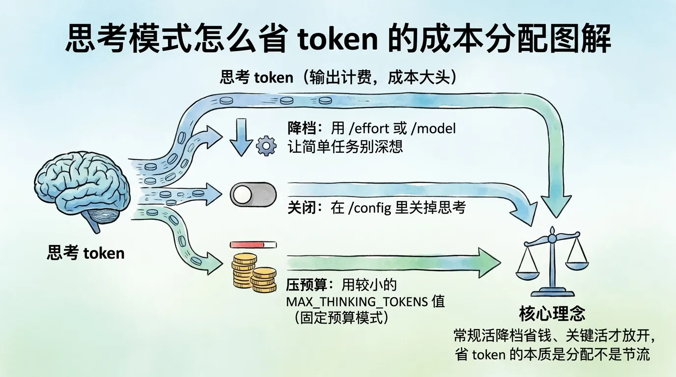 思考模式怎么省 token 的成本分配图解：思考 token 按输出计费是成本大头，三条办法是用 /effort 降档、在 /config 关掉思考、用较小的 MAX_THINKING_TOKENS 压预算，核心是常规活降档、关键活才放开