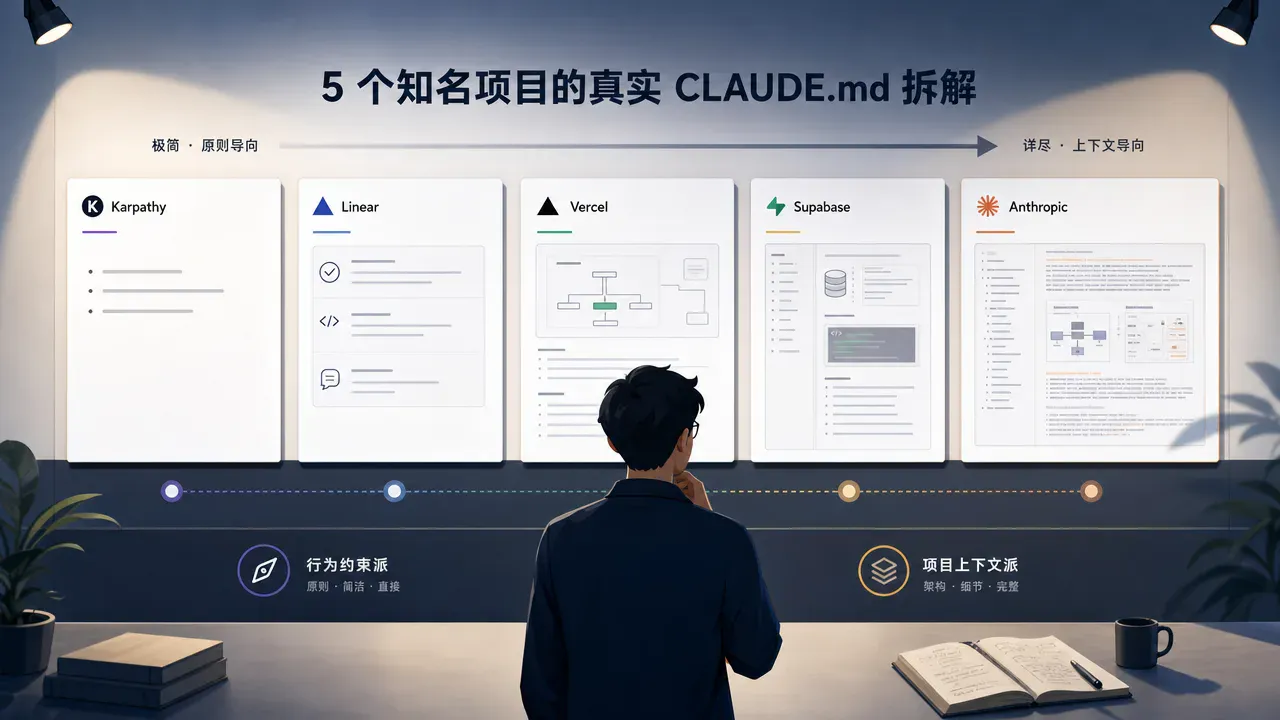 五个知名项目的 CLAUDE.md 写法对比:Karpathy 四原则、Anthropic 官方、Dan Abramov、Vercel、llm-council