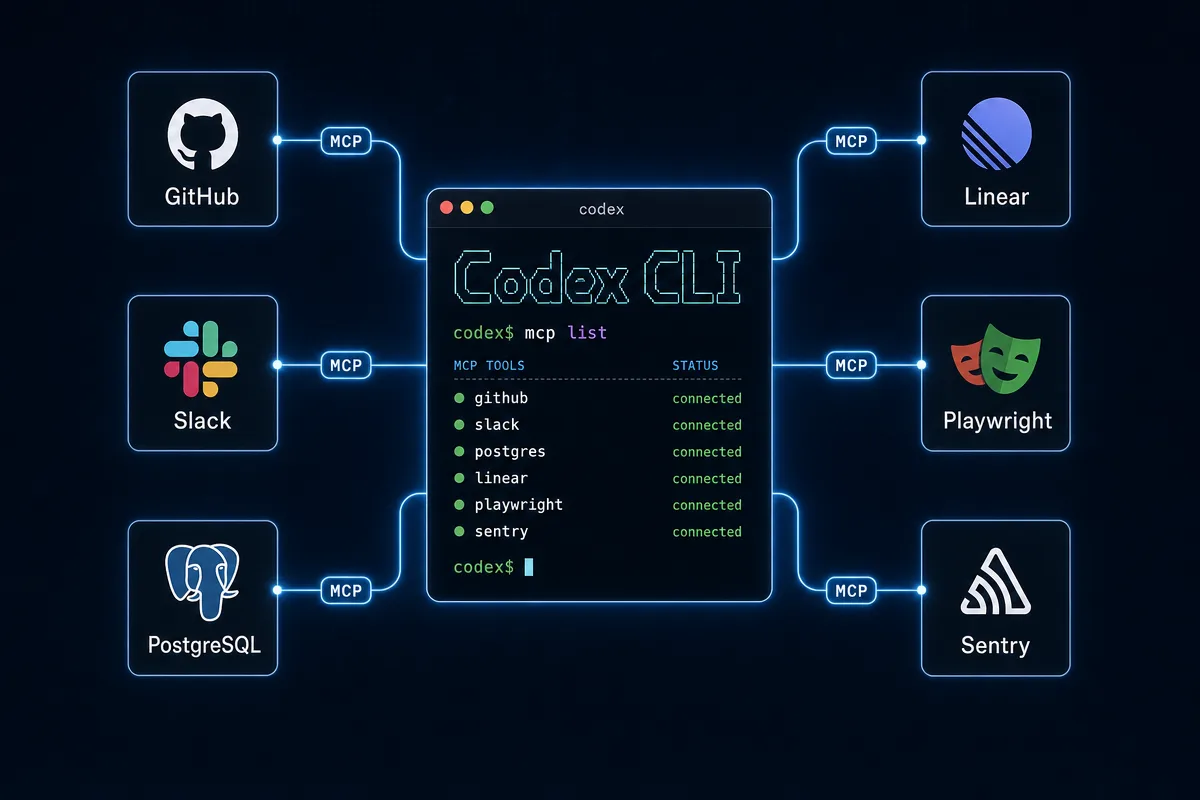 MCP 工具连接示意：Codex CLI 通过 MCP 协议连接搜索、GitHub、文档、网页抓取、浏览器、OpenAI 文档六个外部服务