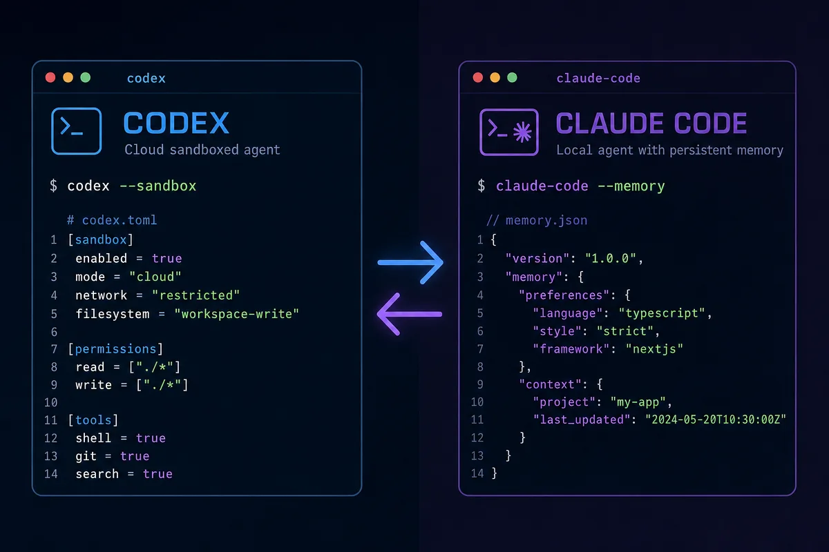 Codex vs Claude Code 选型对比：左侧 Codex 终端窗口展示 Rust/TOML/沙箱关键词，右侧 Claude Code 终端展示 TypeScript/JSON/记忆关键词，中间双向 MCP 箭头连接