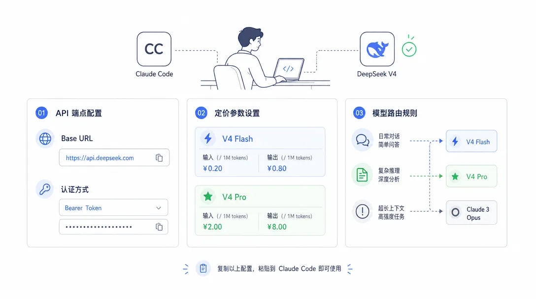 Claude Code 接入 DeepSeek V4 的参数配置模板：端点和定价和模型路由三个关键配置块