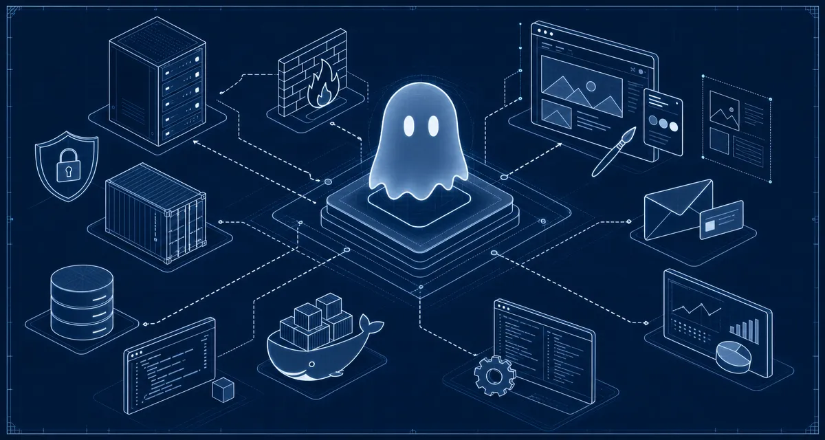 Ghost 建站最佳实践封面图：等距蓝图风格的建站架构示意
