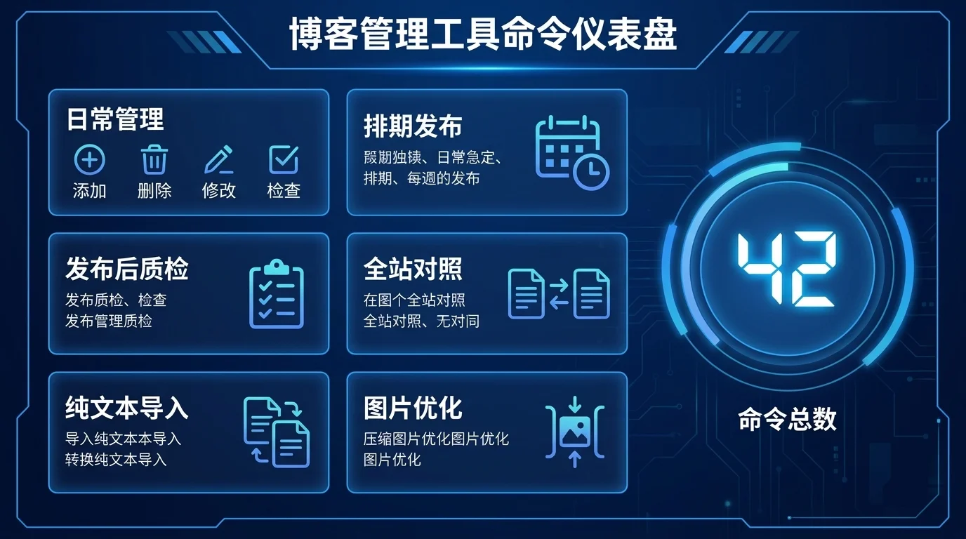 45 条命令覆盖博客运营全部动作
