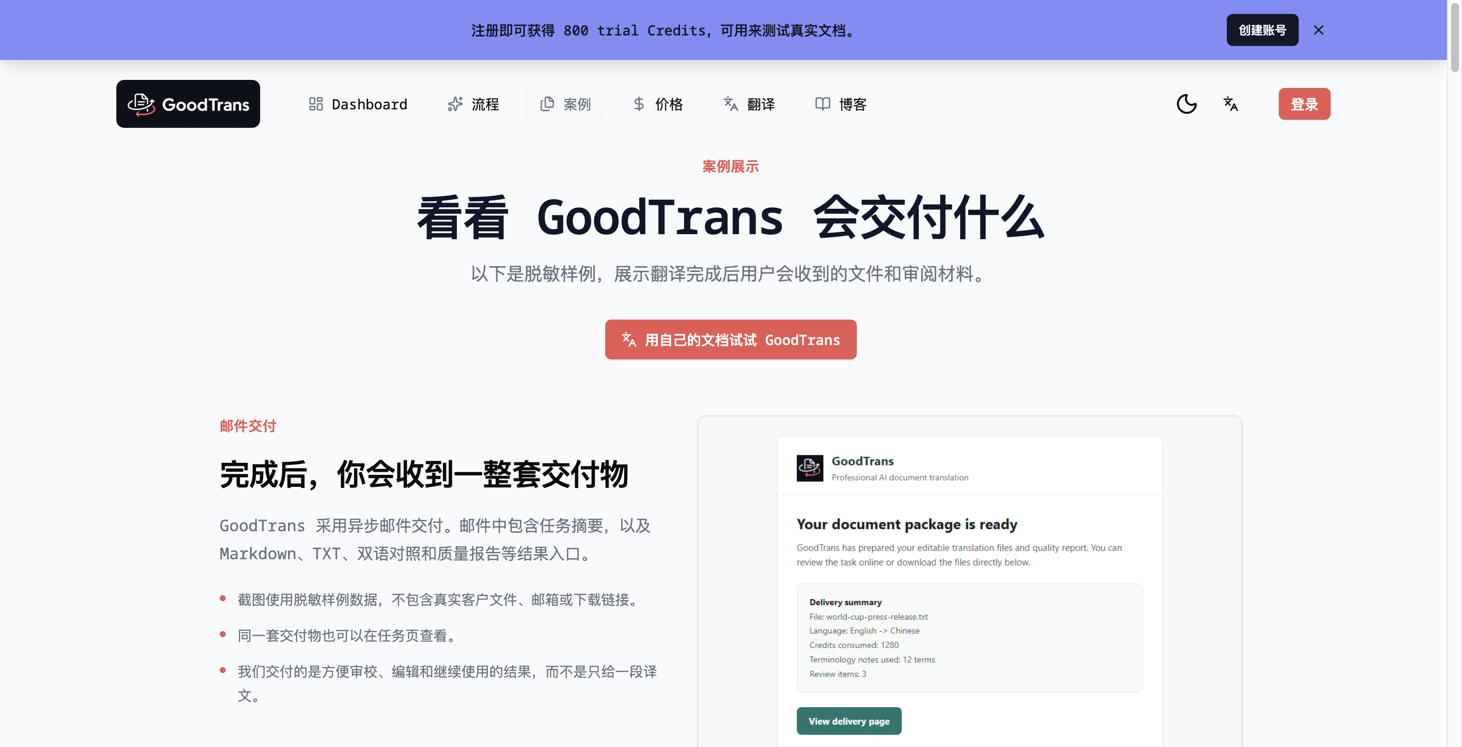 GoodTrans 交付样例页:邮件交付、文化新闻、文学散文和技术 Markdown 三类脱敏样例展示了可编辑译文、双语对照和质量报告