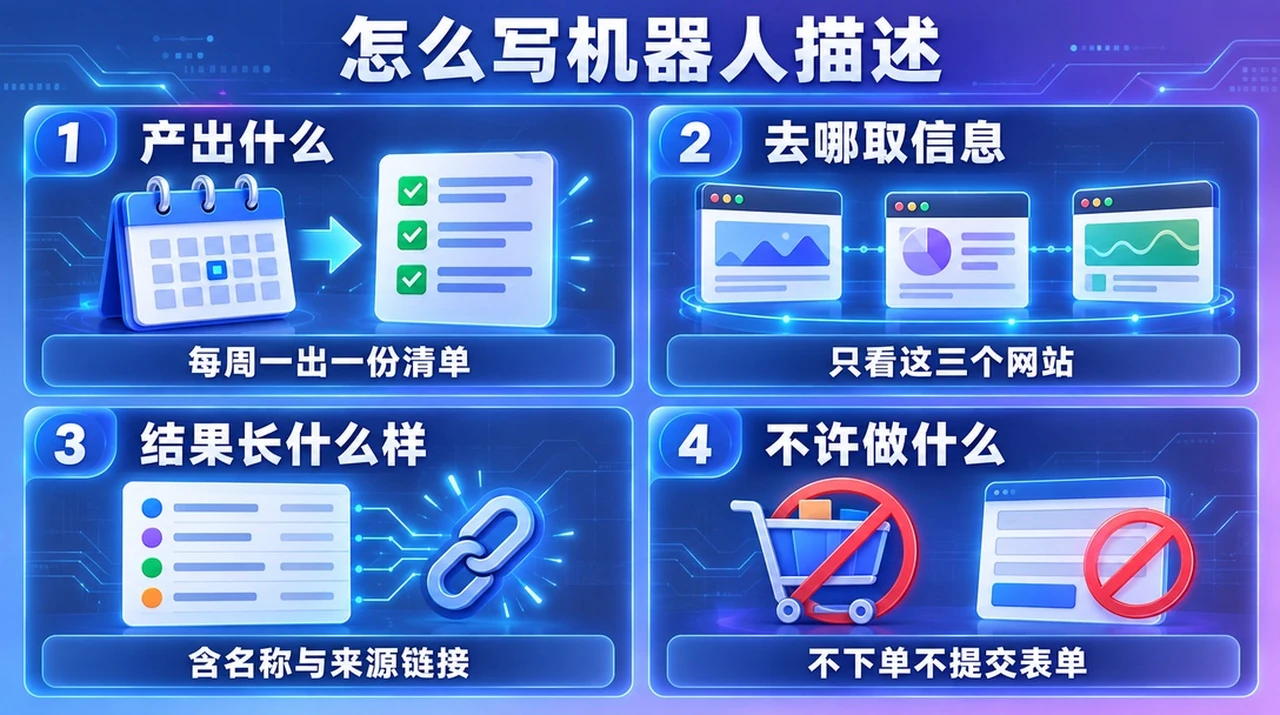 Bot 描述必须写全的四个要素:产出什么、去哪取信息、结果长什么样、不许做什么