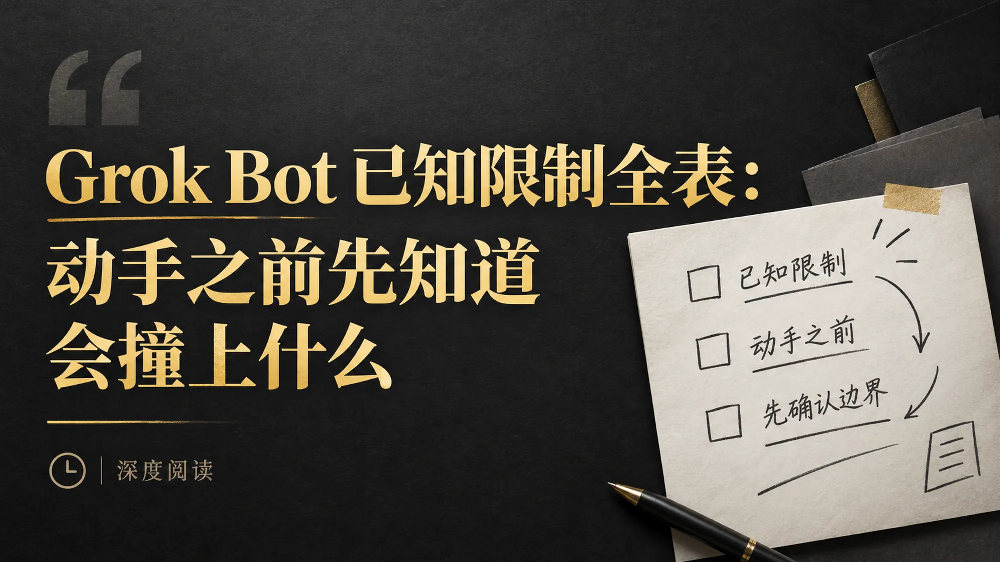 Grok Bot 已知限制全表封面：深色纸面上的金色标题与一张手写便签清单，逐条列出动手之前该先确认的边界