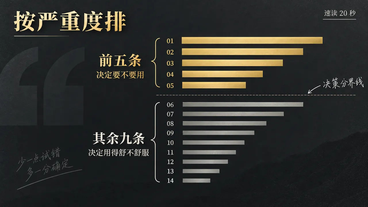 十四条限制按严重度分成两段:前五条决定要不要用,其余决定用起来舒不舒服