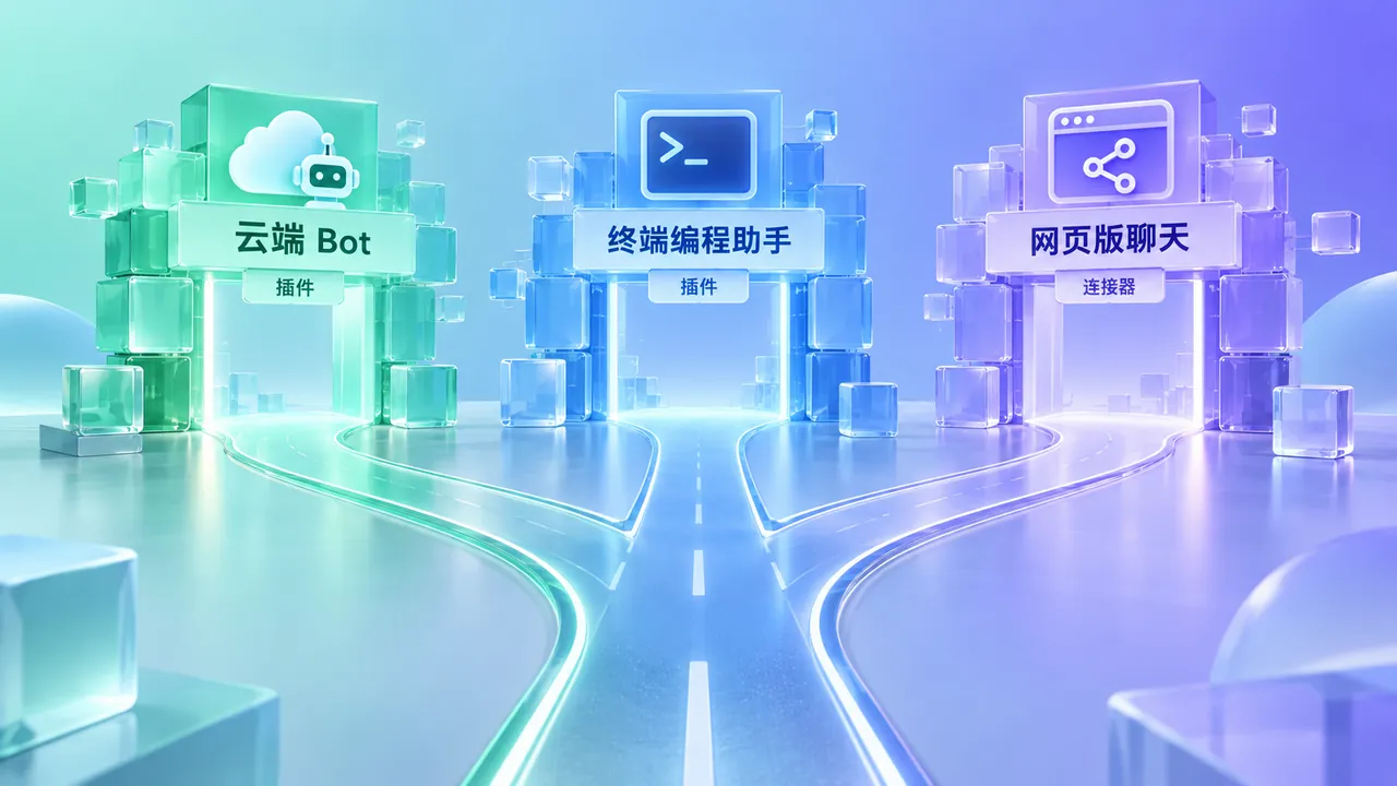 三条分岔的路各通向一个不同的插件市场入口:云端 Bot、终端编程助手、网页版聊天