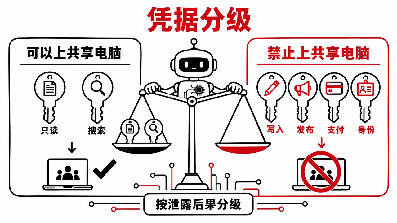 凭据按泄露后果分级:只读搜索类可以放上共享电脑,写入、发布、支付、身份类一律不放