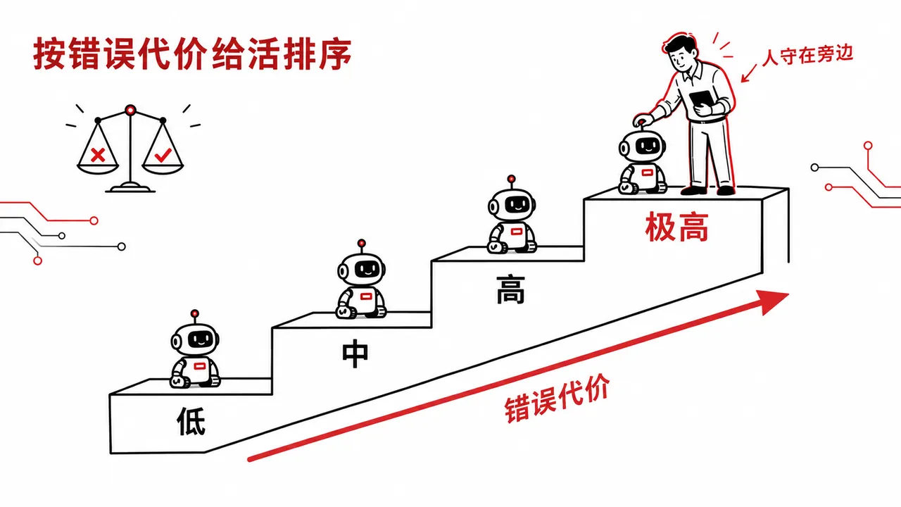 按错误代价把活分成四档,代价越高的档位人越要守在旁边
