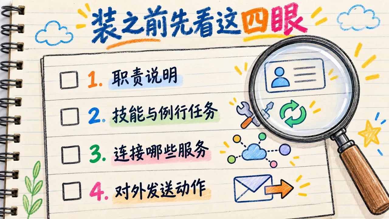 装模板前要检查的四样：职责说明、技能与例行任务、要连哪些服务、有没有对外发送动作