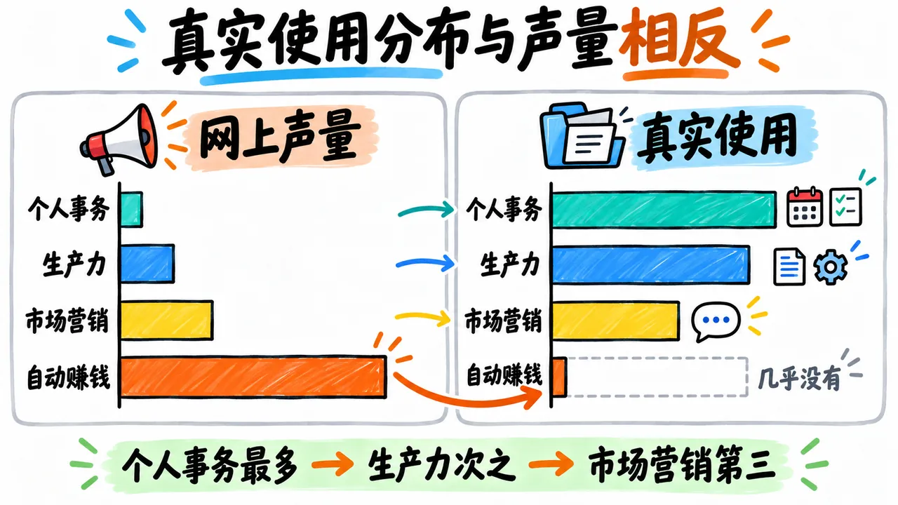 真实使用分布与网络声量正好相反：个人事务最多，而声量最大的自动赚钱类几乎不存在