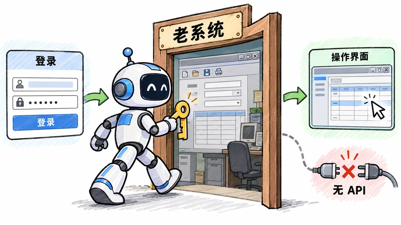 因为是登录进去操作界面而不是调接口，所以能够到那些从来没有开放接口的老系统
