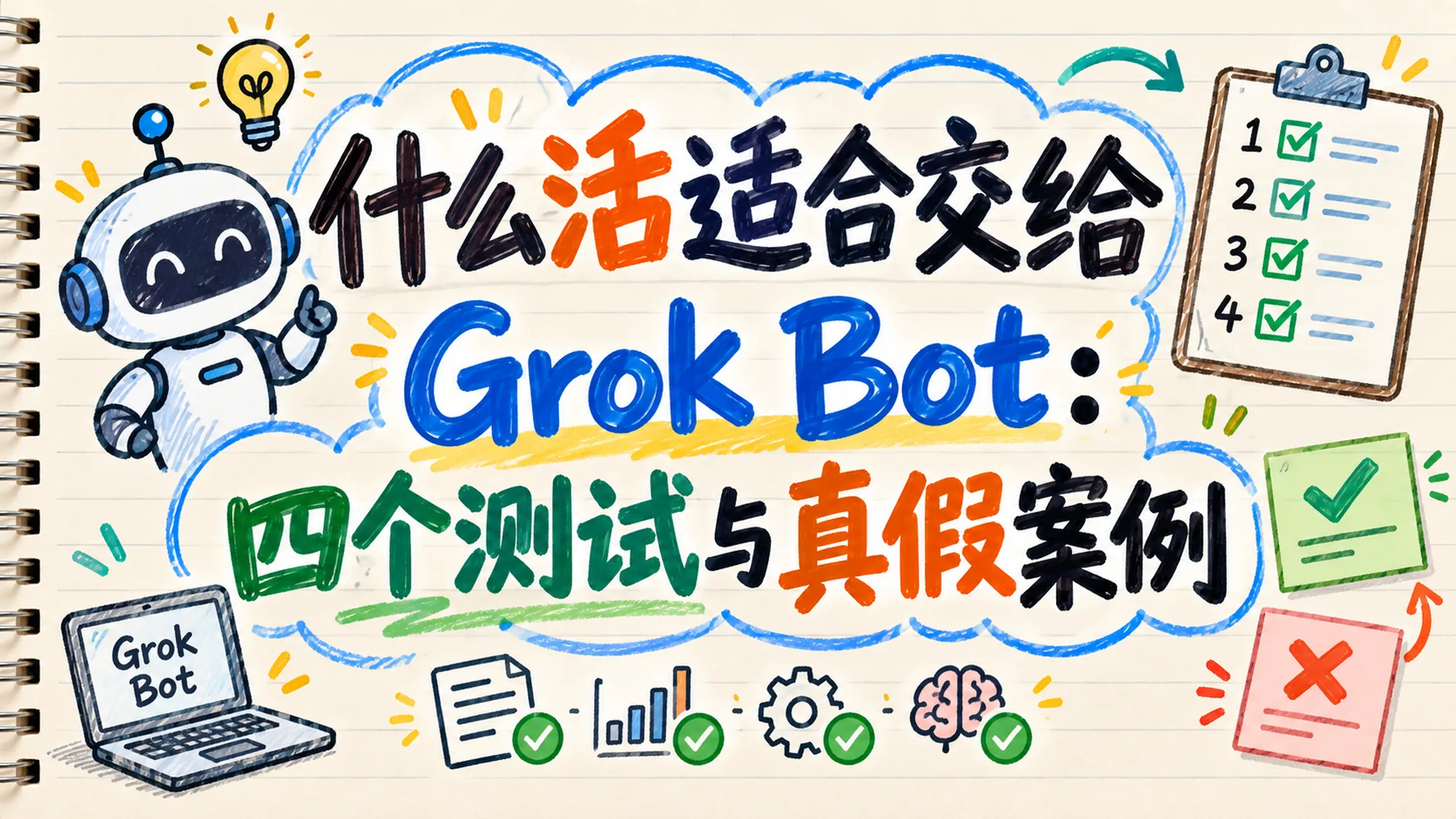 什么活适合交给 Grok Bot 封面：线圈笔记本上的手写标题与涂鸦，配四道筛子筛出一件通过全部测试的活