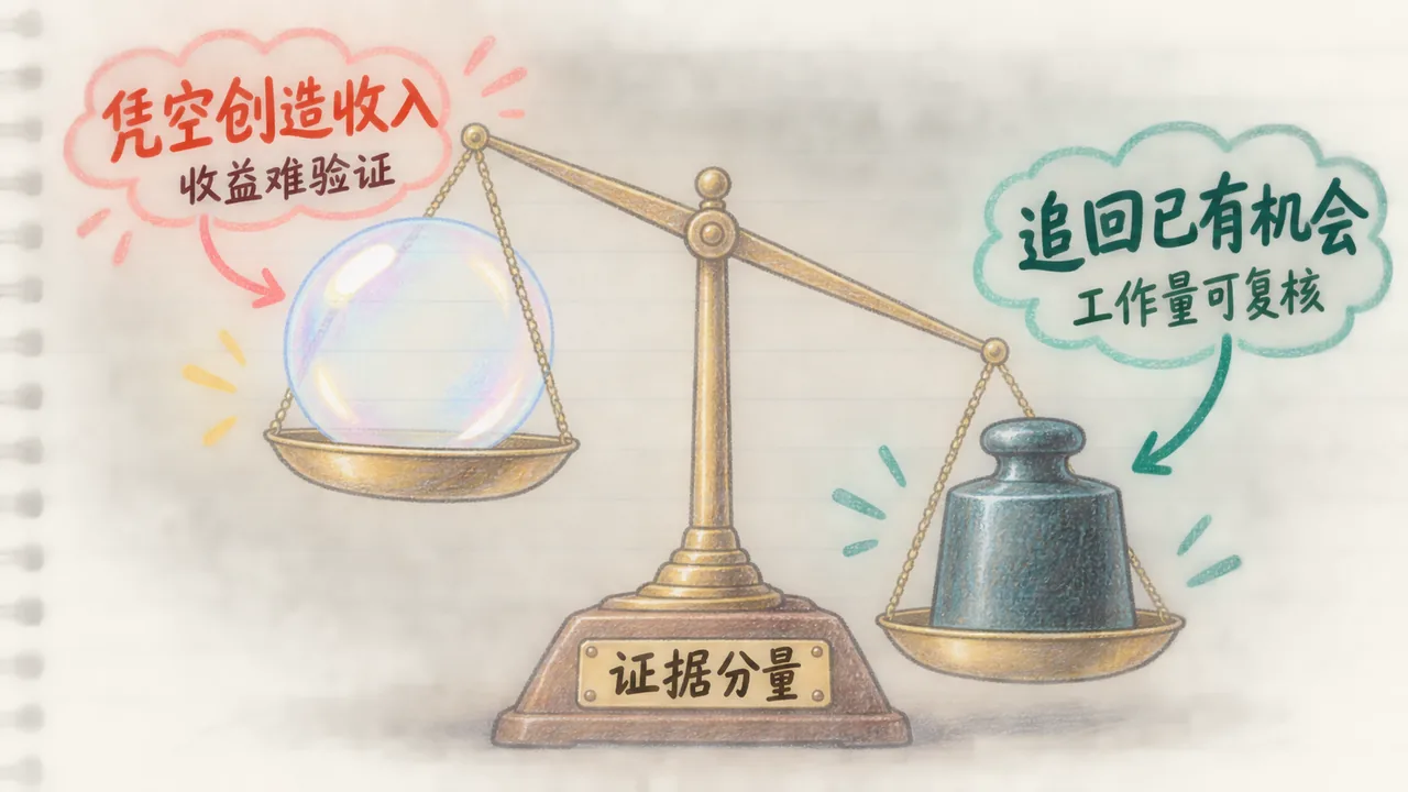 天平对照:一端是没有凭据的收益气泡,一端是可复核的工作量数字