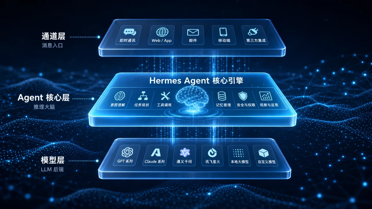 Hermes Agent 三层解耦架构示意图:通道层、Agent 核心层、模型层以粒子连线相互连接