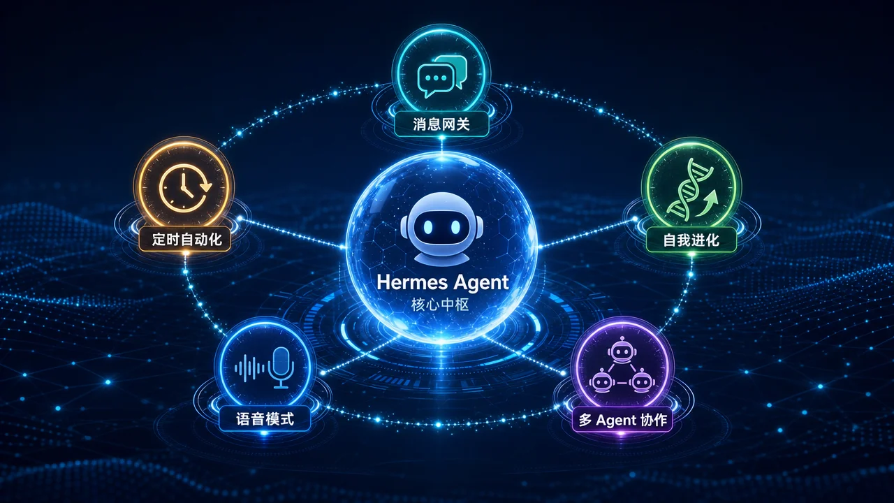Hermes Agent 五大核心能力示意图:消息网关、自我进化、定时自动化、语音模式、多 Agent 协作环绕中央核心