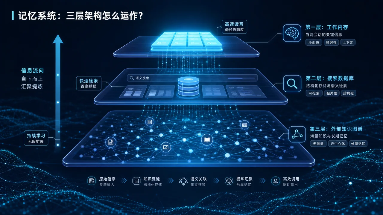 Hermes 三层记忆架构示意图:内置层、会话搜索层、外部提供者层递进式数据存储