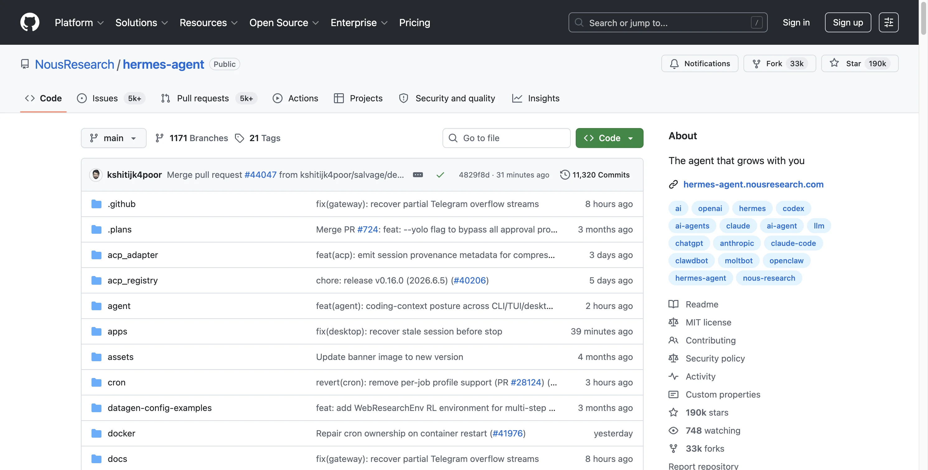 Hermes Agent GitHub 仓库首页截图:191K Stars、1,397 位贡献者、Apache-2.0 许可证