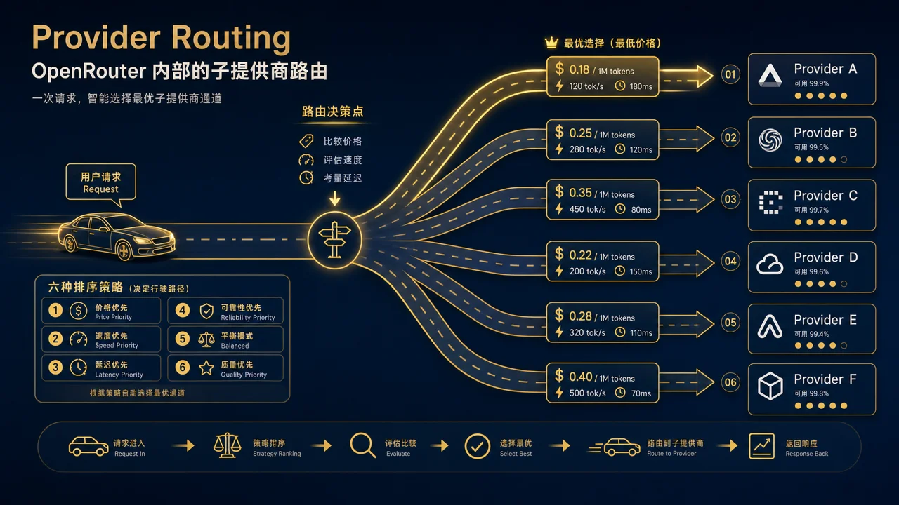 Provider Routing 六种排序策略示意图:请求通过不同路线选择最优子提供商