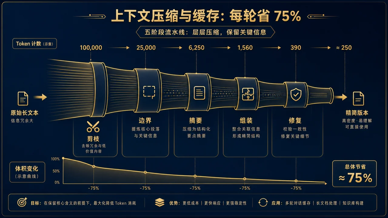 五阶段压缩流水线:从原始上下文到精简输出的 Token 递减过程