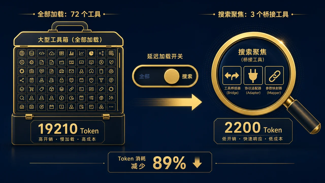 Tool Search 延迟加载对比:72 个工具 Schema 的 19210 Token 降至 3 个桥接工具的 2200 Token