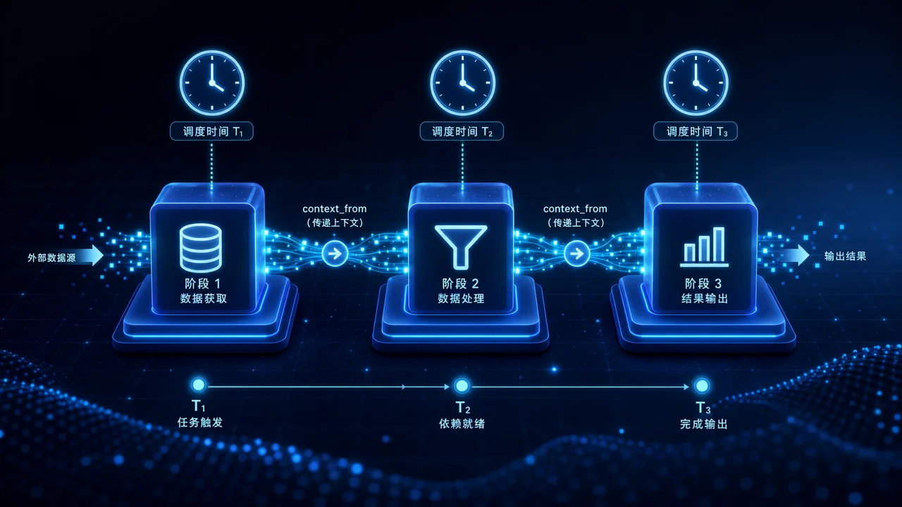 任务链流水线示意图:三个依次连接的数据节点通过粒子连线传递数据
