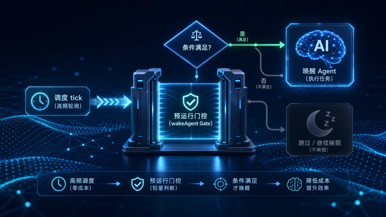 预运行门控示意图:闸门判断是否唤醒 Agent 的分支逻辑