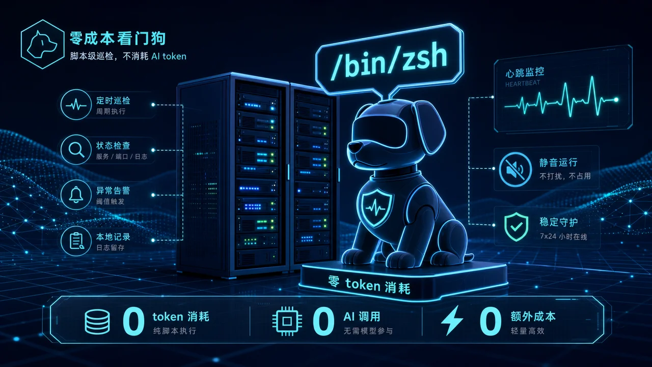 零 token 看门狗示意图:脚本级巡检不消耗 AI 资源